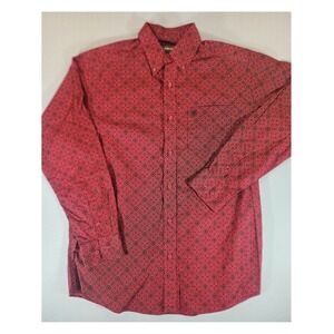 Ariat Button Down Mens L Red Geometric Western Long Sleeve Cowboy Shirt Damask